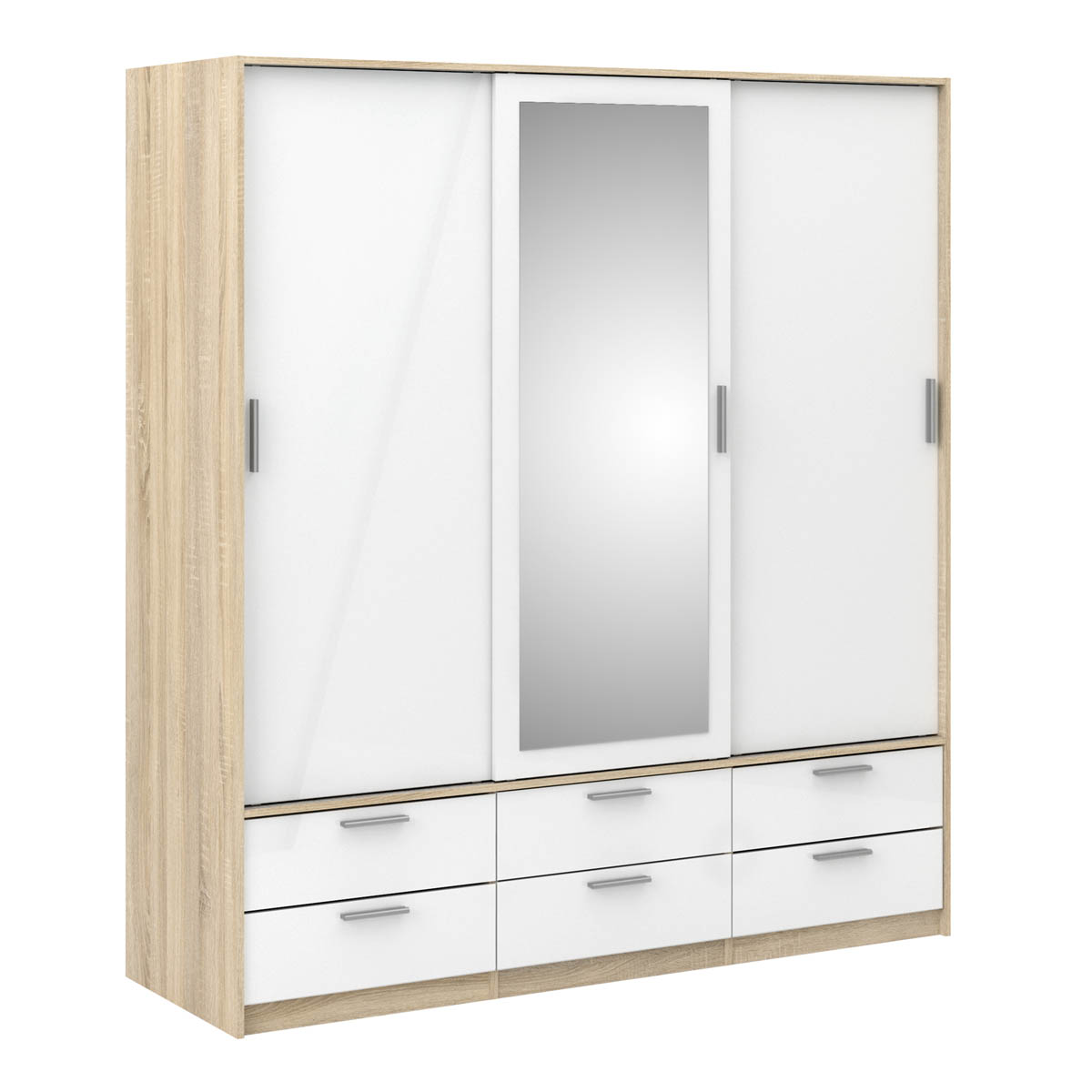 Line Wardrobe - 3 Doors 6 Drawers Oak with White High Gloss